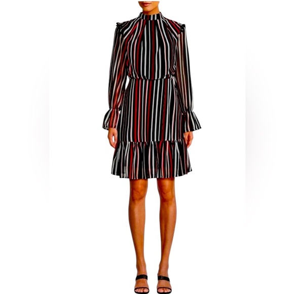 Area Stars NWT Striped Long Sleeve Mock Neck Black Multi Striped Dress in Size L - Picture 1 of 13